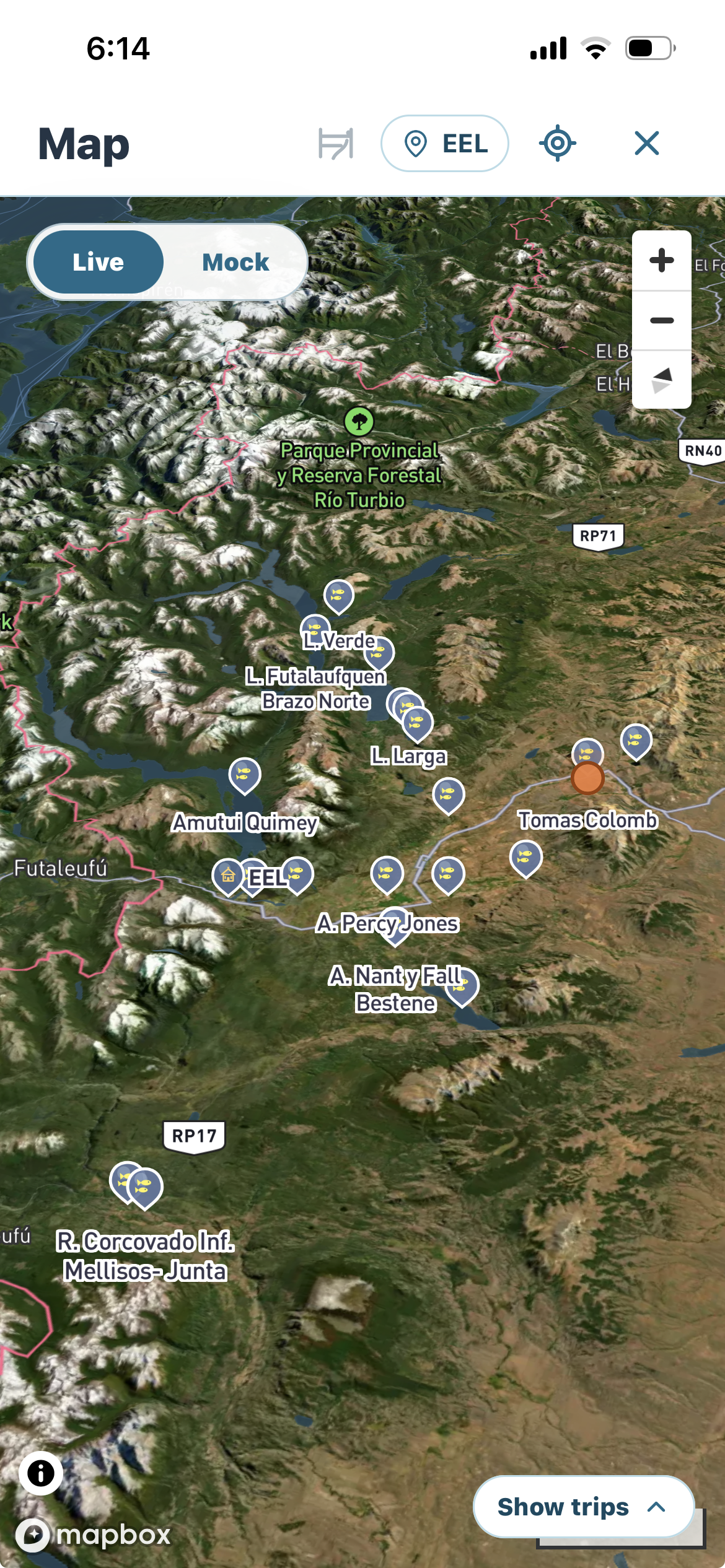 Guide Mobile Map filtered to EEL, with Beat and Access markers and the Show trips control